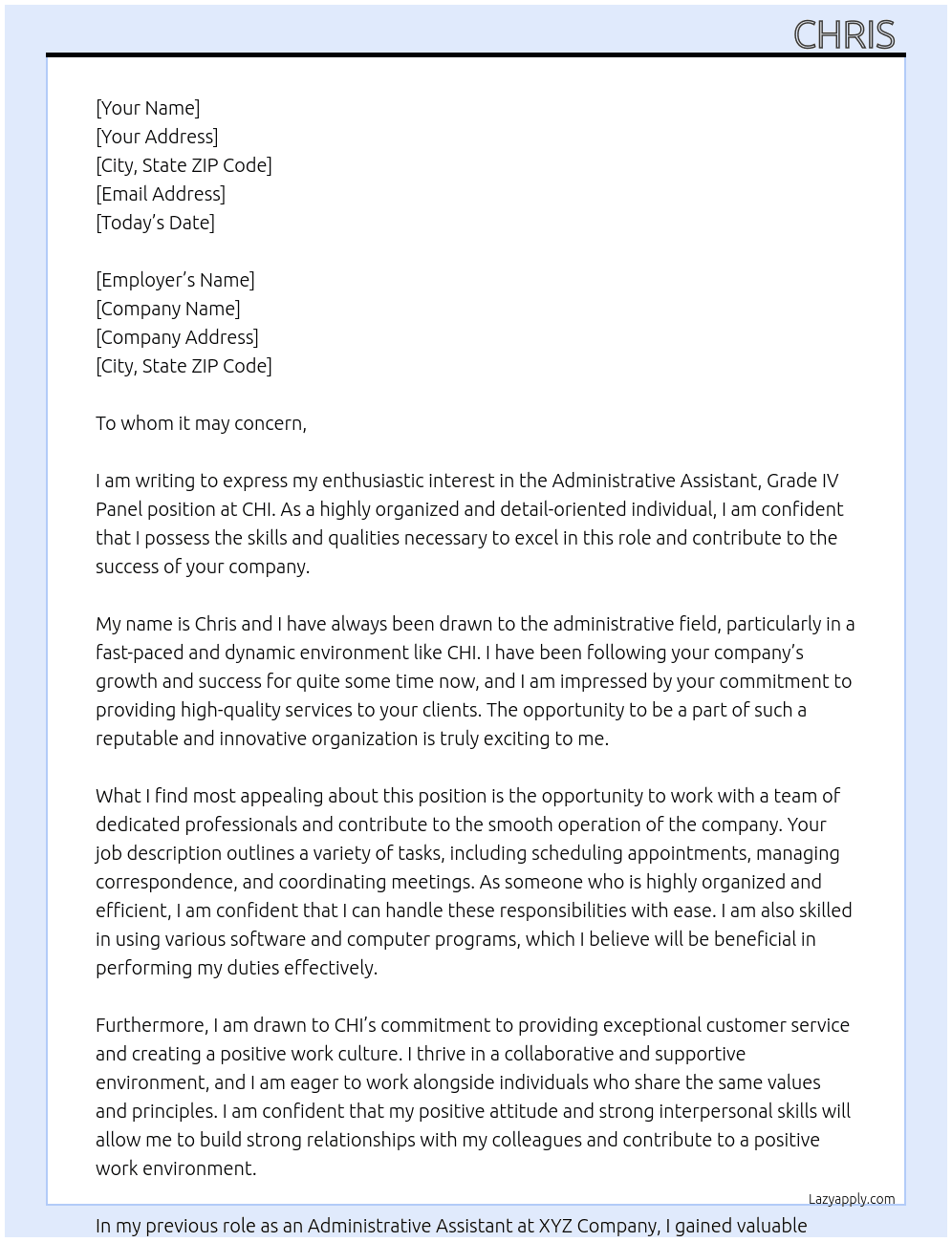 Administrative Assistant, Grade IV Panel At CHI Cover Letter