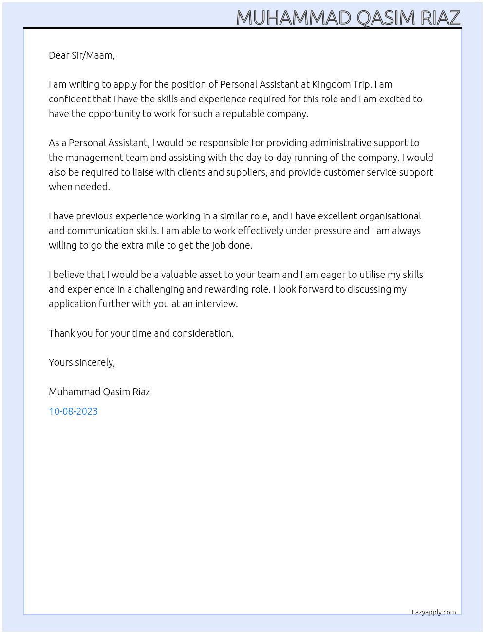 Personal asistant At Kingdom Trip Cover Letter