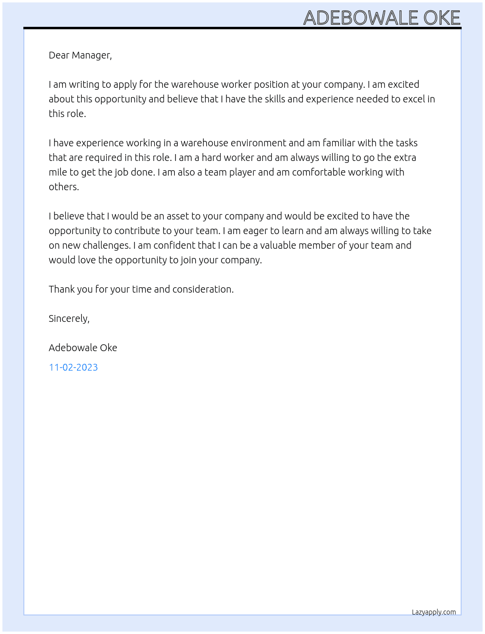 WAREHOUSE WORKER At canada company Cover Letter
