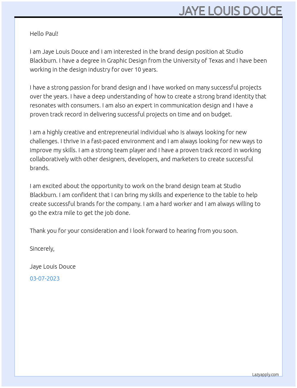 Brand design At Studio Blackburn Cover Letter