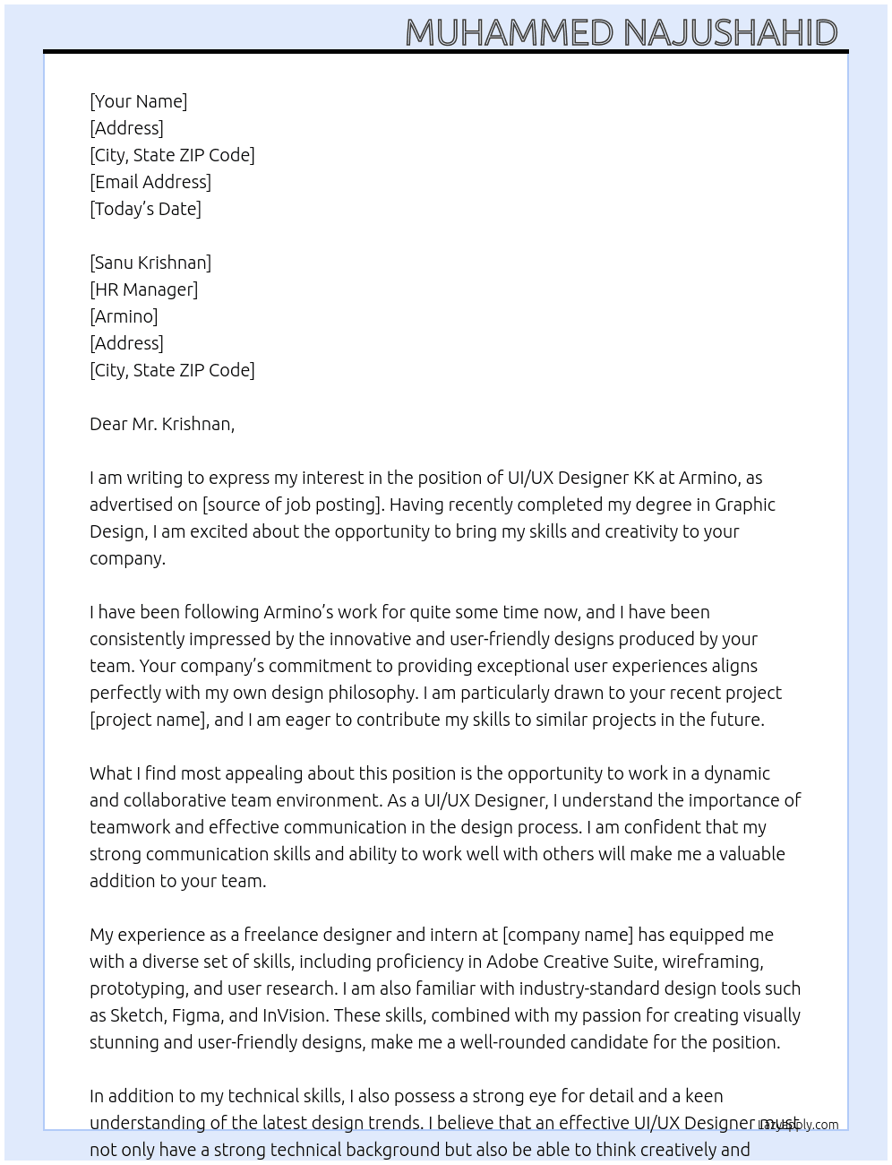 Uiux designer kk  At Armino Cover Letter