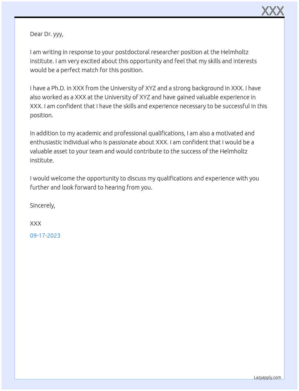 Postdoctoral researcher At Helmholtz institute Cover Letter