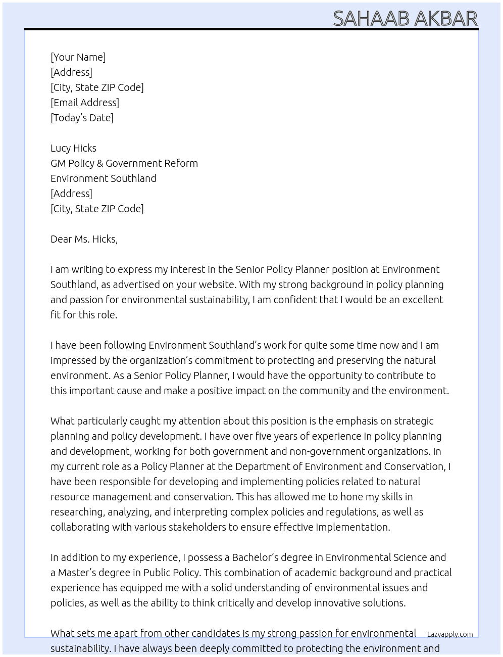 Senior Policy Planner At Environment Southland Cover Letter