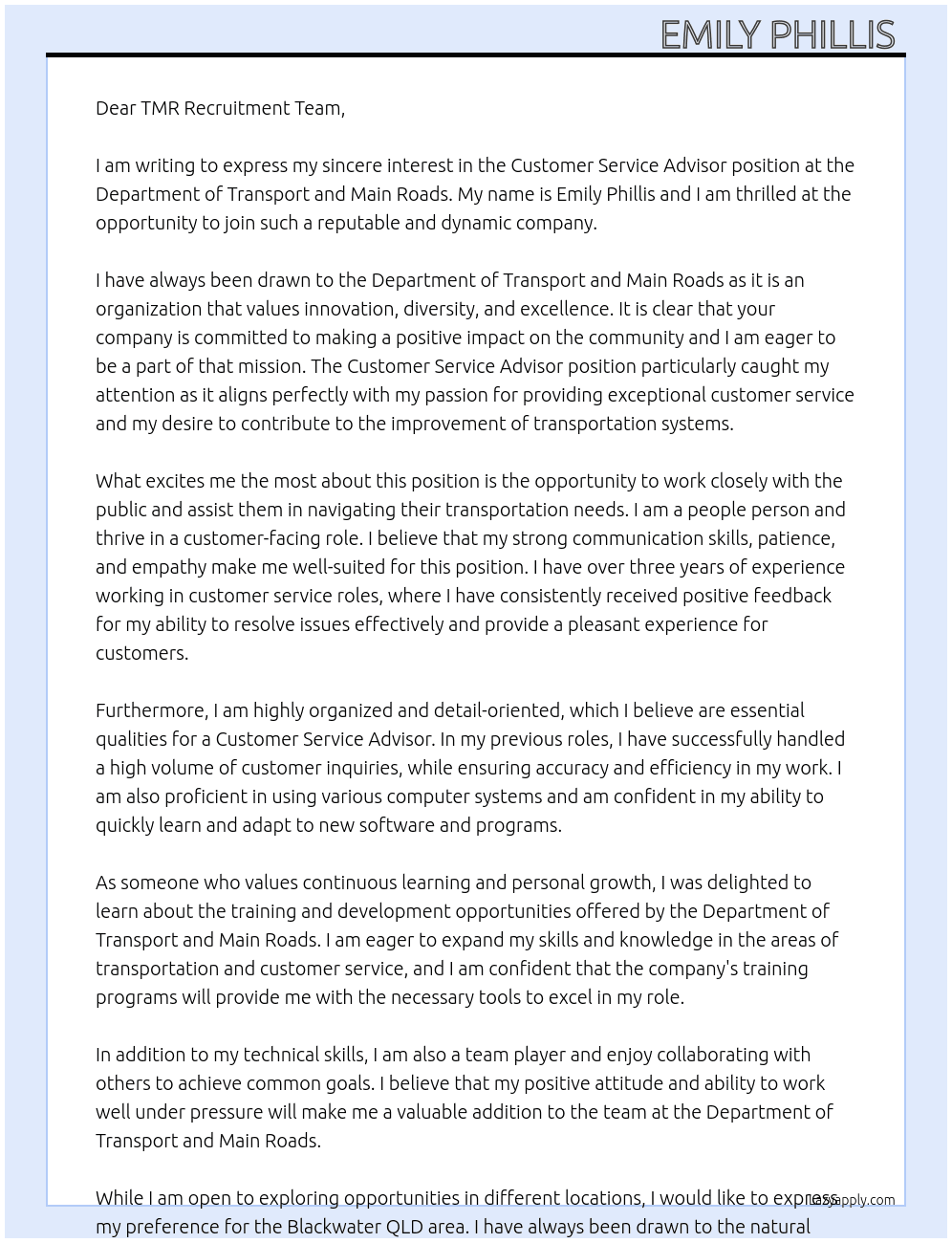 Customer Service Advisor At Department of Transport and Main Roads Cover Letter