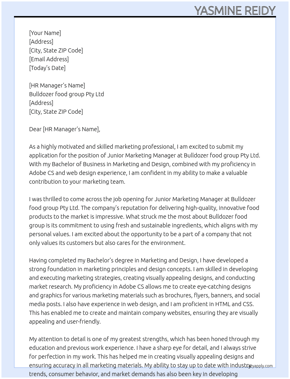 Junior Marketing Manager At Bulldozer food group Pty Ltd Cover Letter