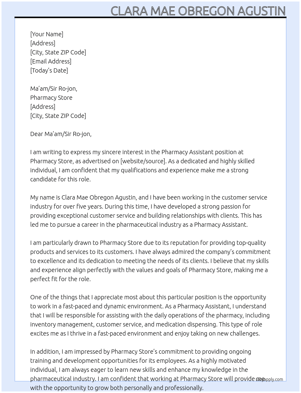 Pharmacy assistant At Pharmacy store Cover Letter