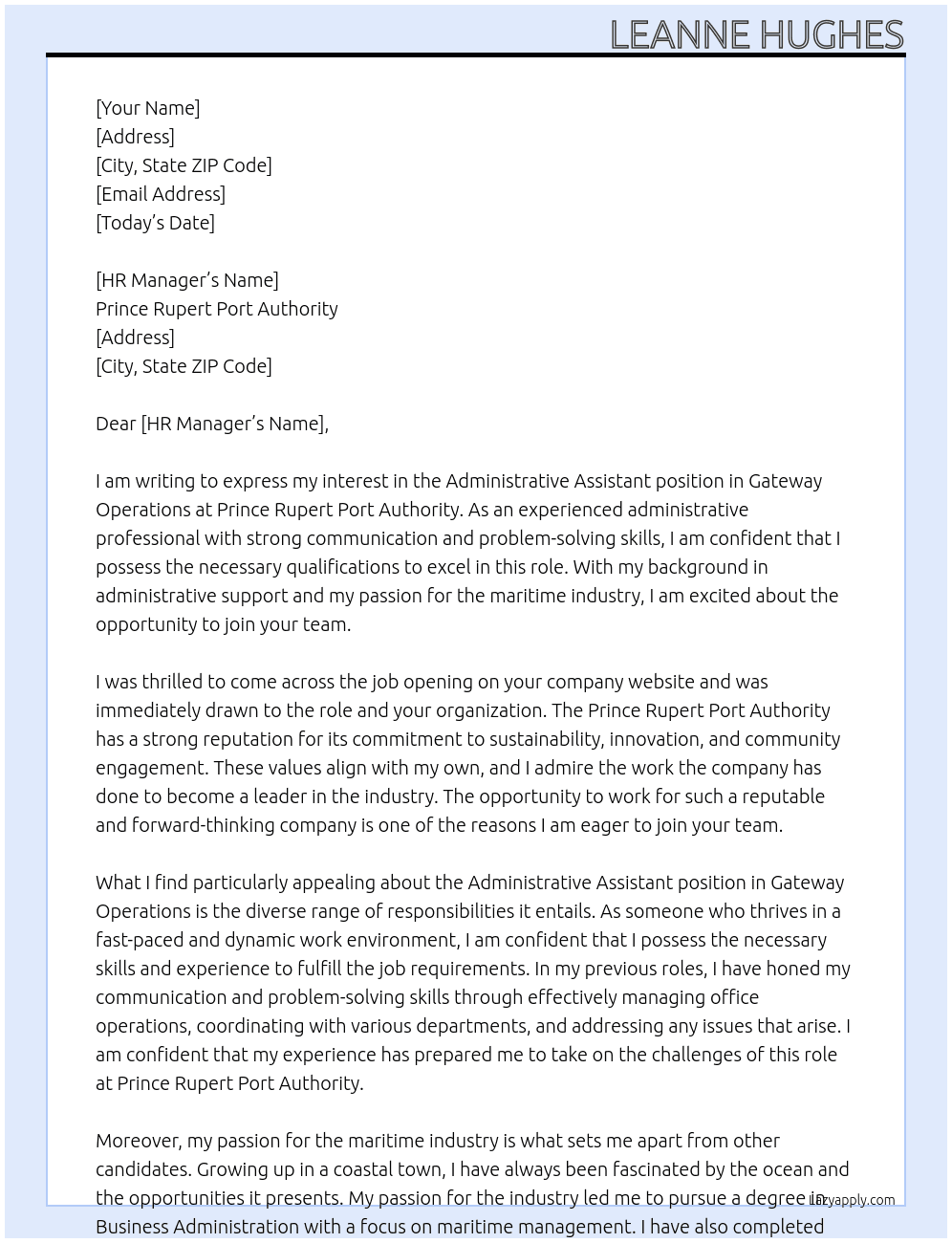 Administrative Assistant, Gateway Operations At Prince Rupert, Port Authority Cover Letter