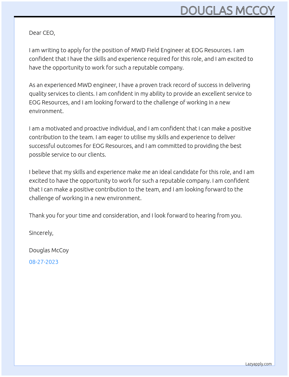 MWD Field Engineer At EOG Resources Cover Letter
