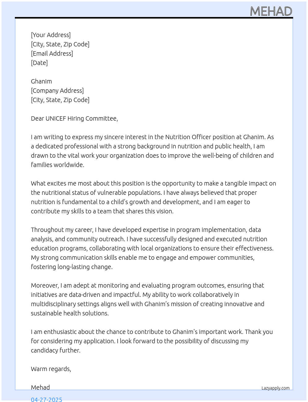 nutrition officer At ghanim Cover Letter