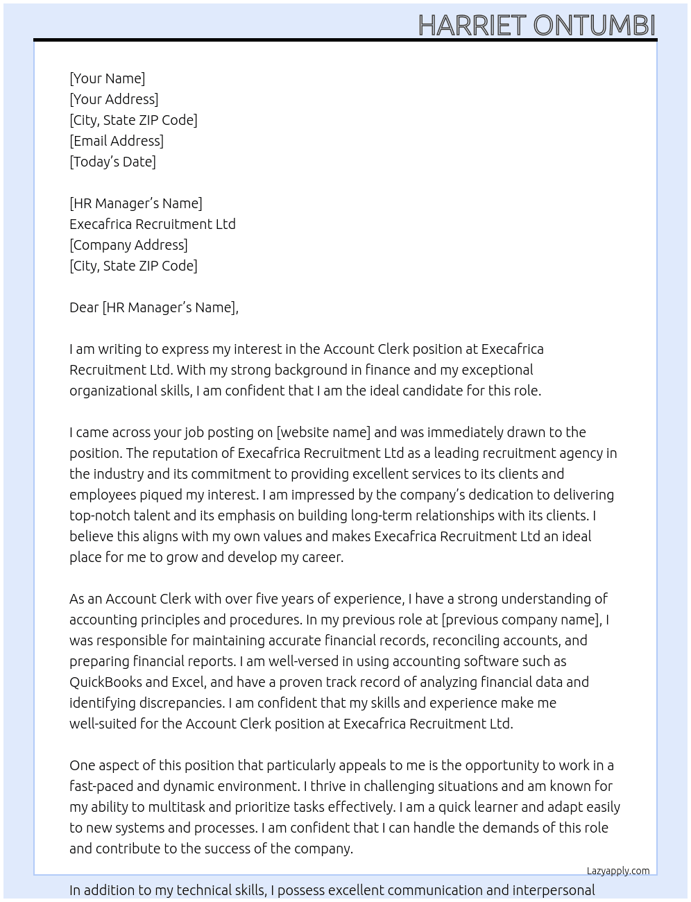 account clerk At Execafrica Recruitment Ltd Cover Letter