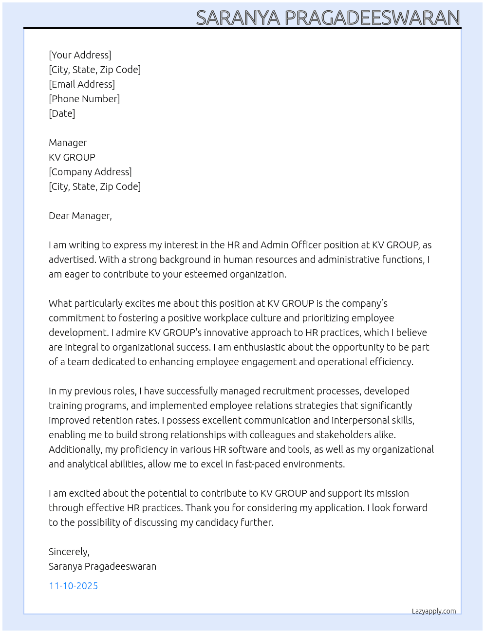 hr and admin officer At KV GROUP Cover Letter