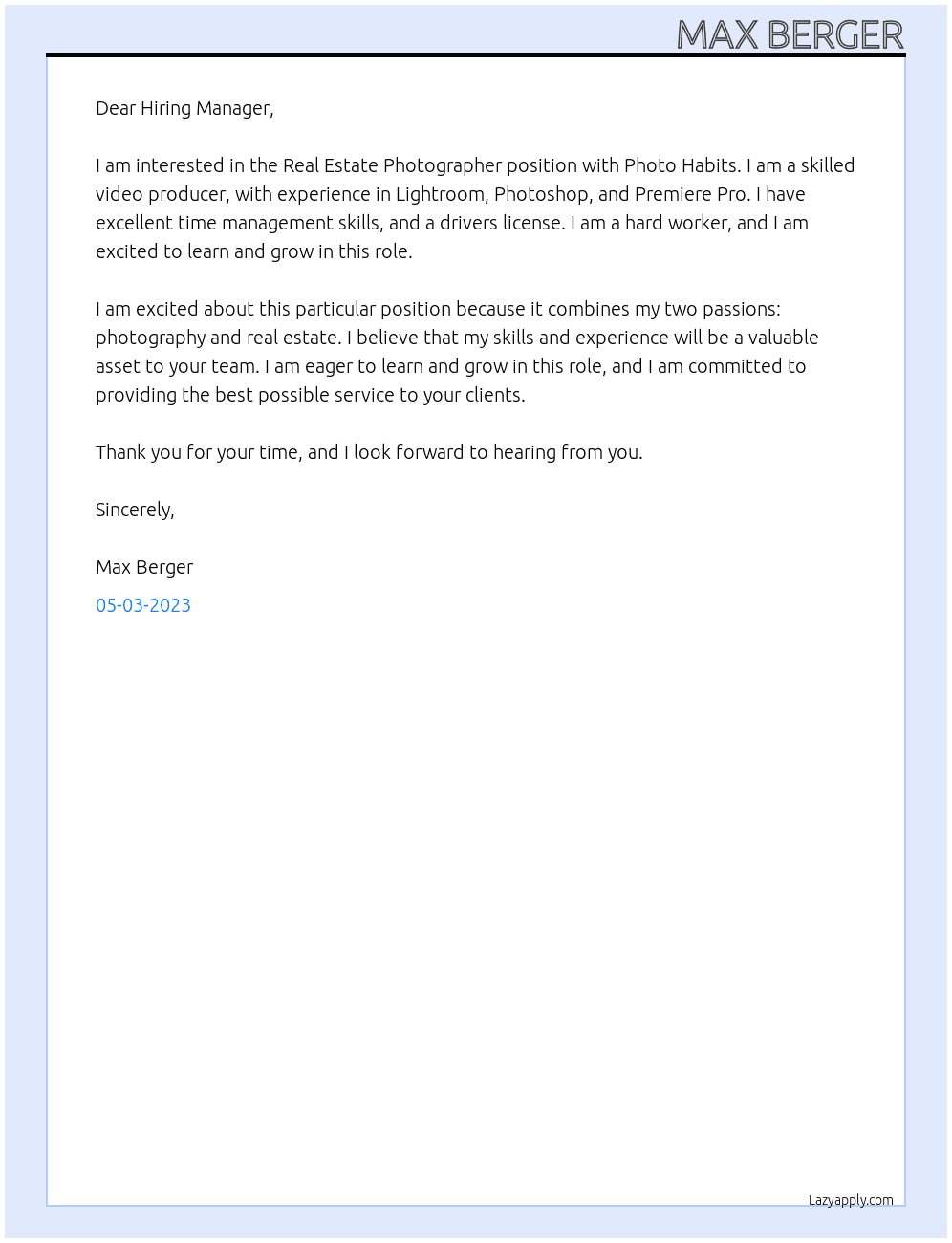 Real Estate Photographer At Photo Habits Cover Letter