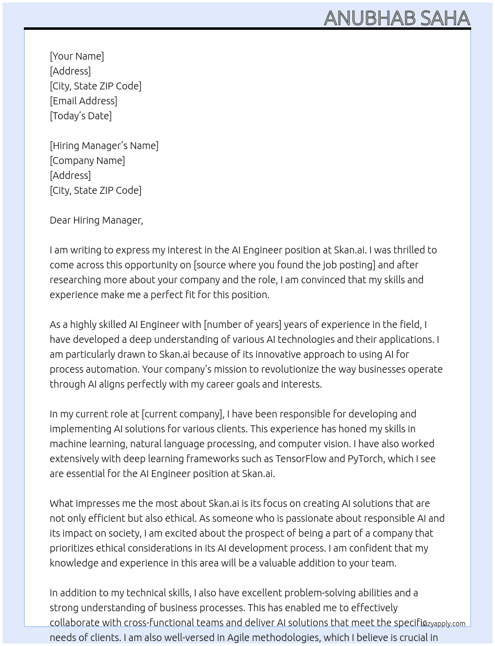 AI Engineer At Skan.ai Cover Letter