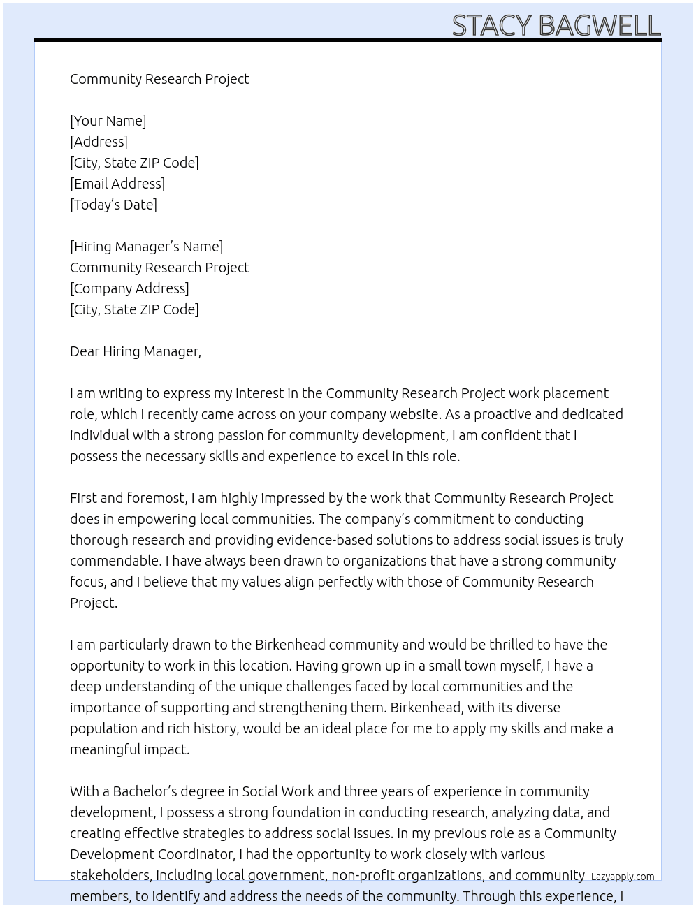 Community Research Project At Community Research Project  Cover Letter