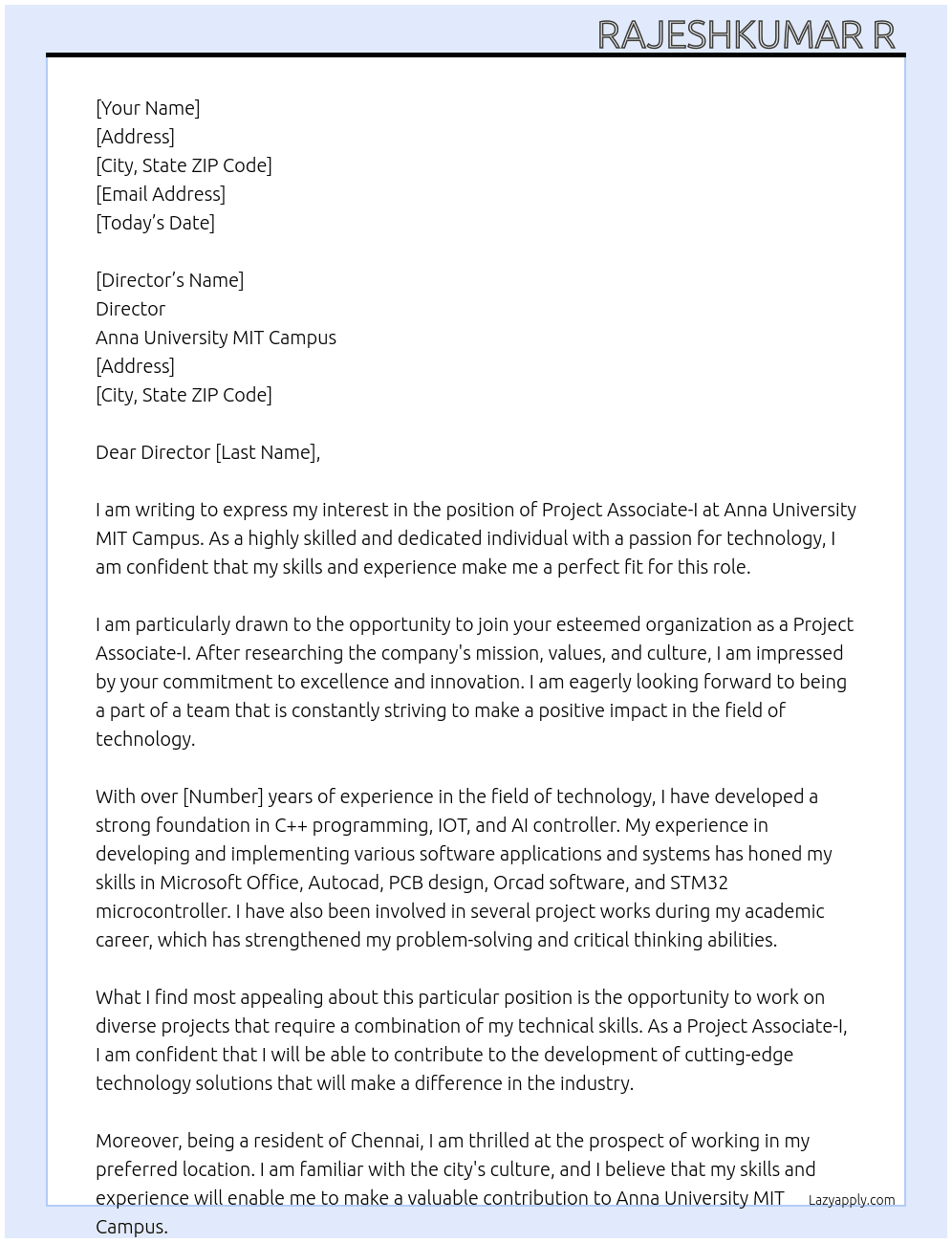 Project Associate -I  At Anna University MIT Campus  Cover Letter