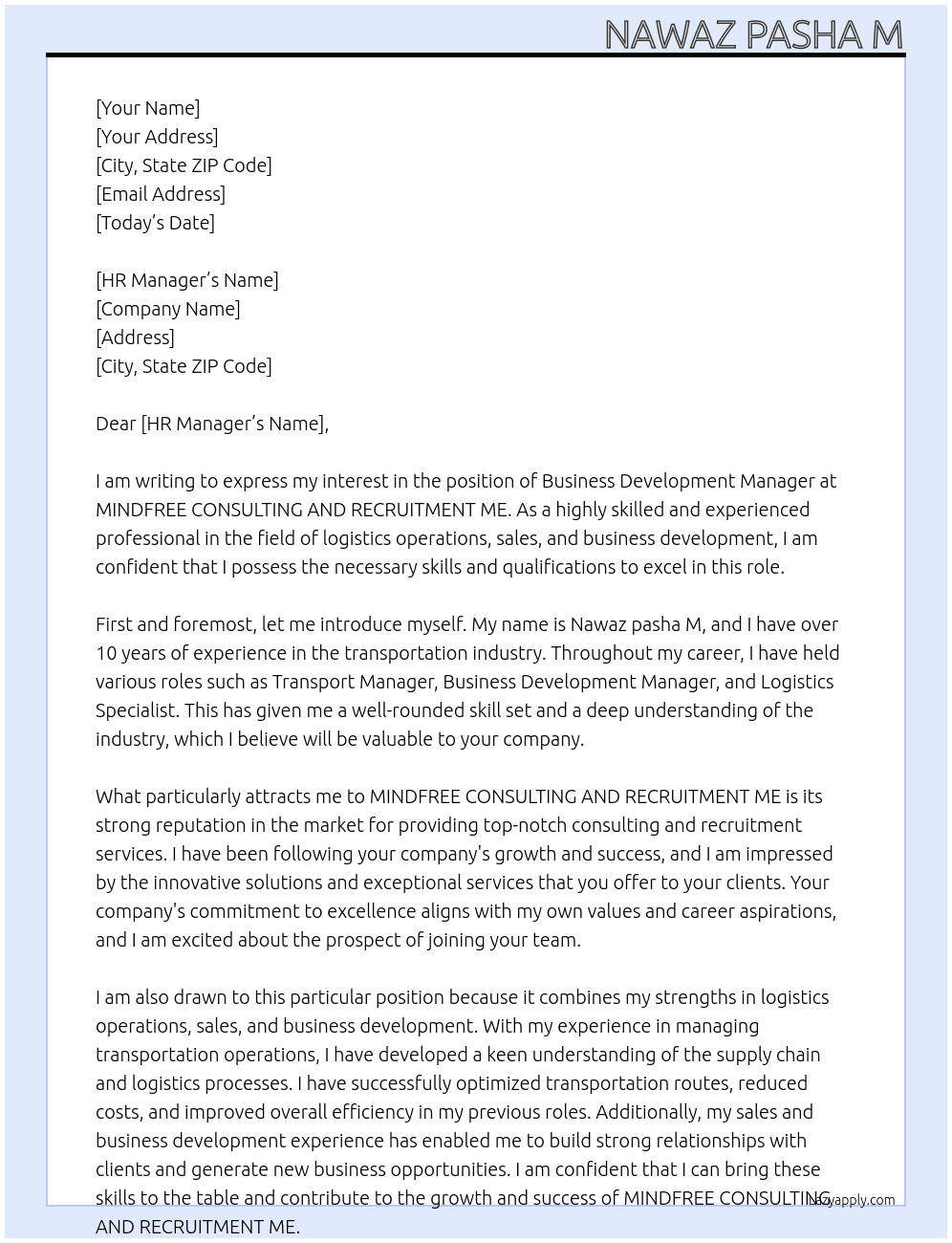Business Development Manager At MINDFREE CONSULTING AND RECRUITMENT ME  Cover Letter