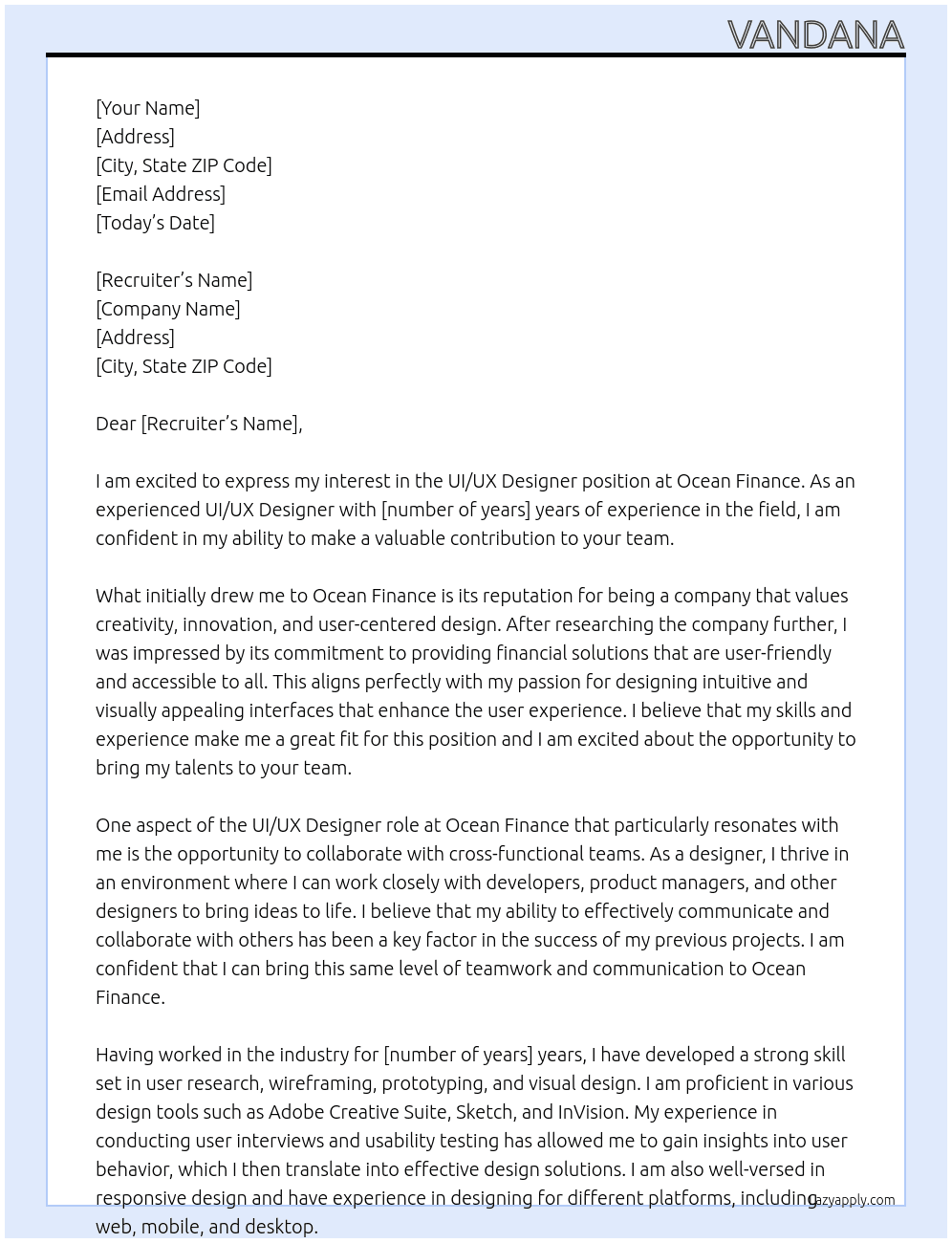 UI/UX Designer At Ocean Finance Cover Letter
