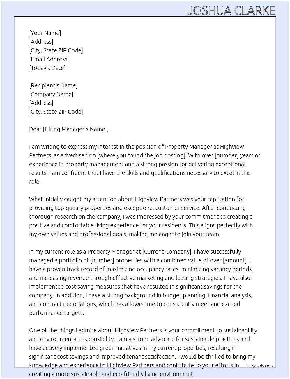 Property Manager At Highview Partners Cover Letter