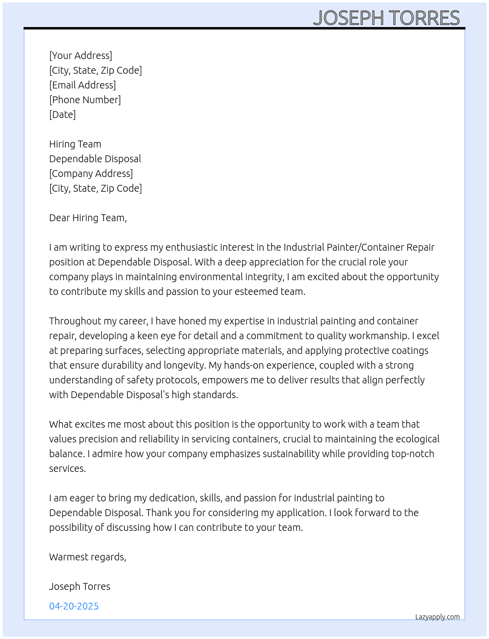 Industrial painter/container repair  At Dependable disposal  Cover Letter