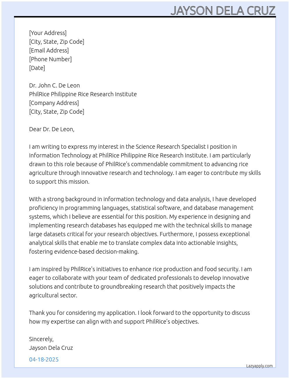 Science Research Specialist I(Information Technology At PhilRice Philippine Rice Research Institute  Cover Letter