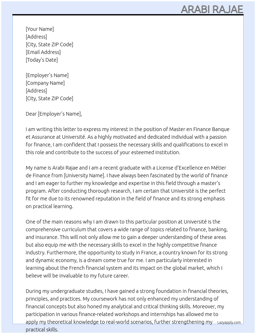 master en finance banque et assurance At Université Cover Letter