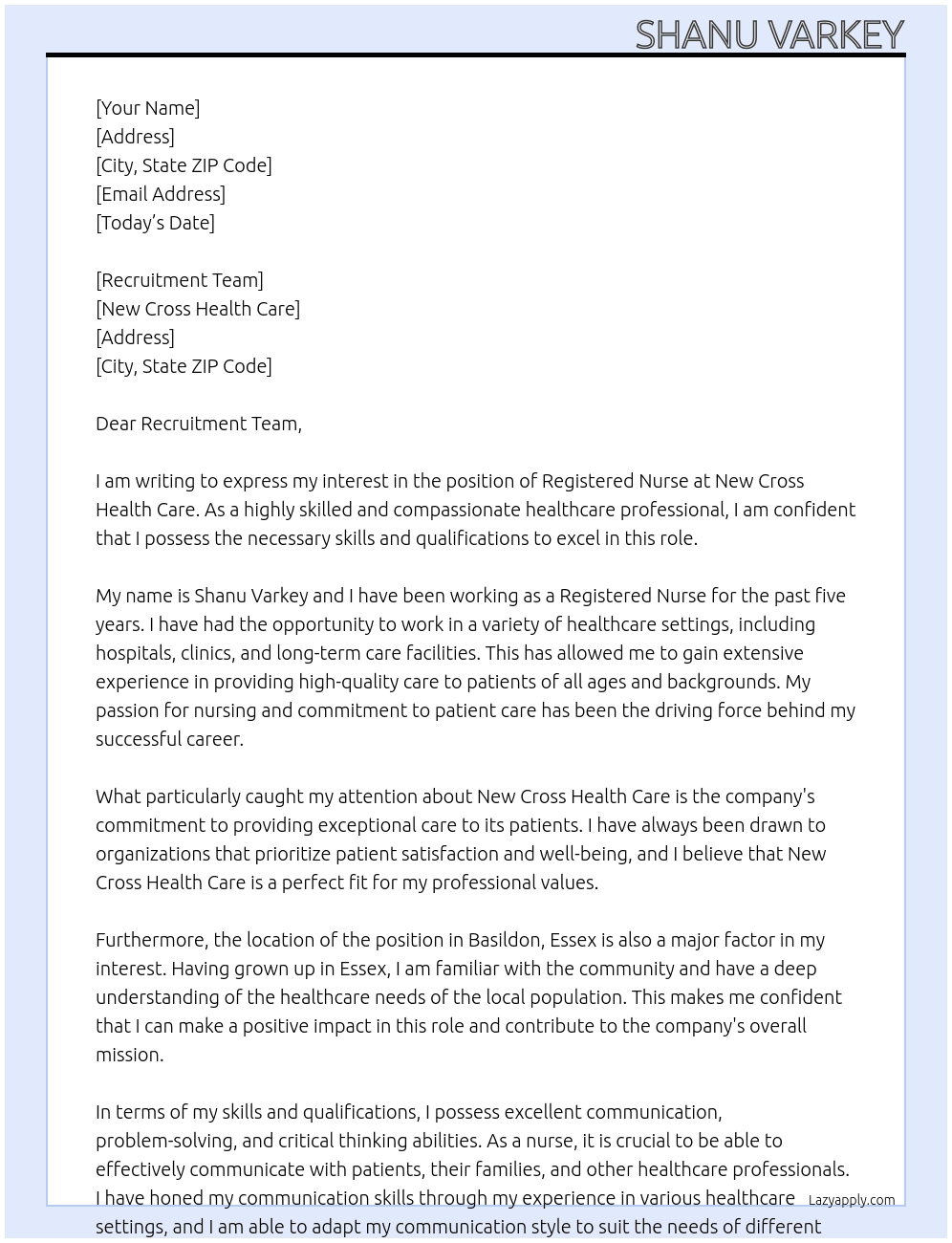 Registered Nurse  At New Cross health care Cover Letter