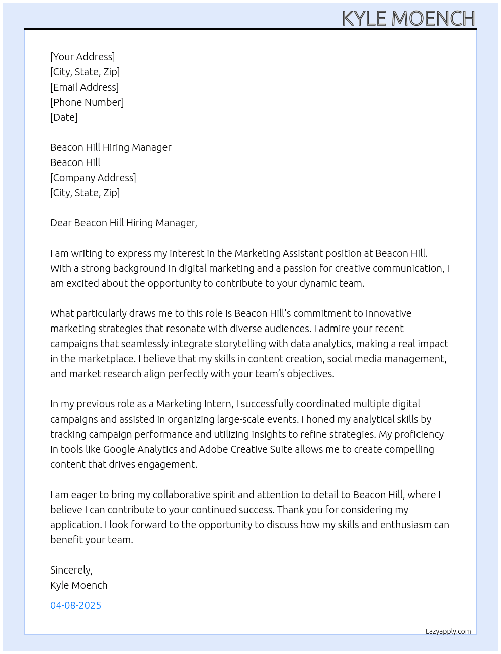 Marketing Assistant At Beacon Hill Cover Letter