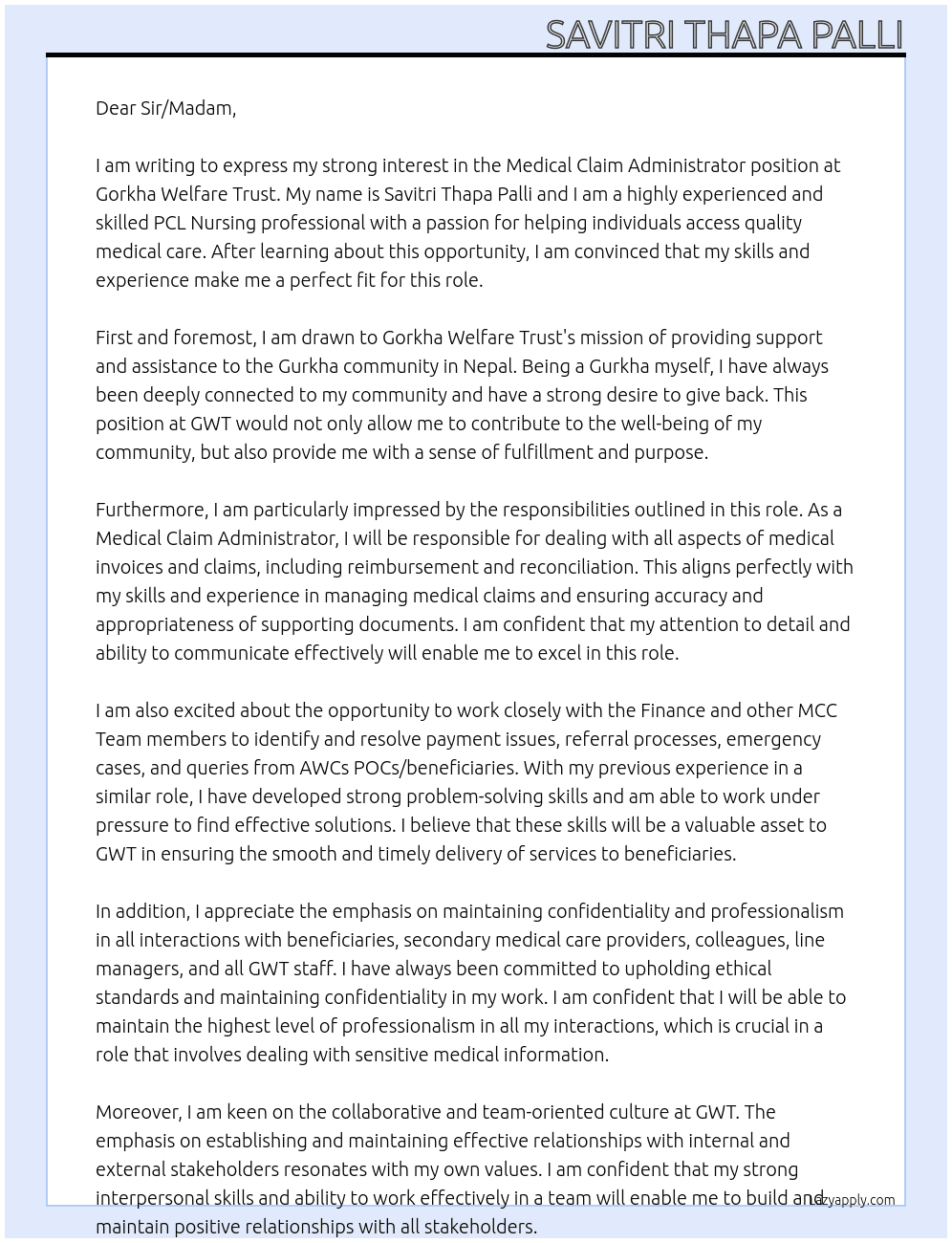 Medical Claim Administrator At Gorkha Welfare Trust Cover Letter