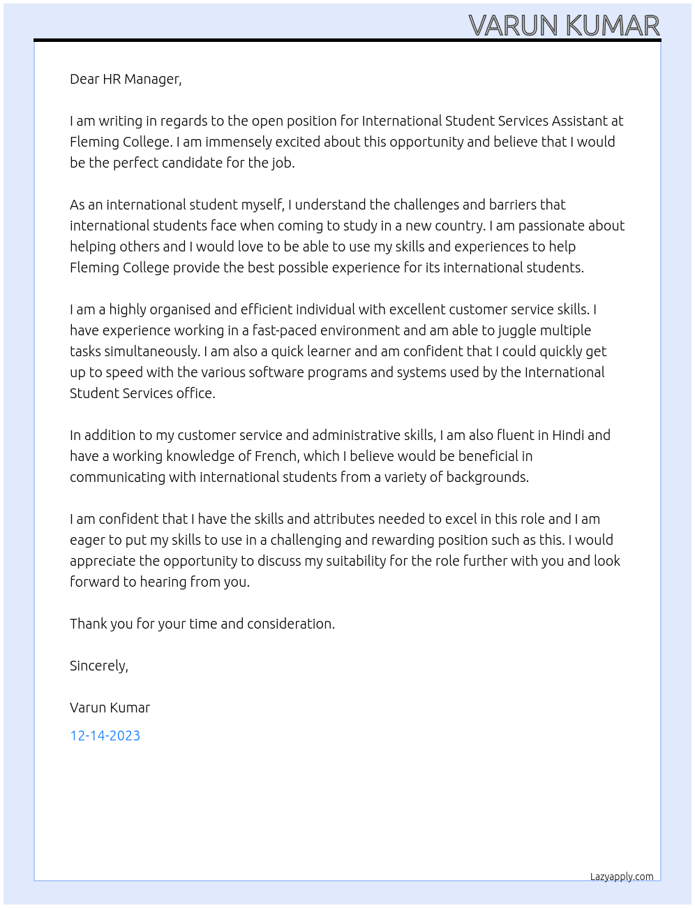 International Student Services Assistant At Fleming College Cover Letter