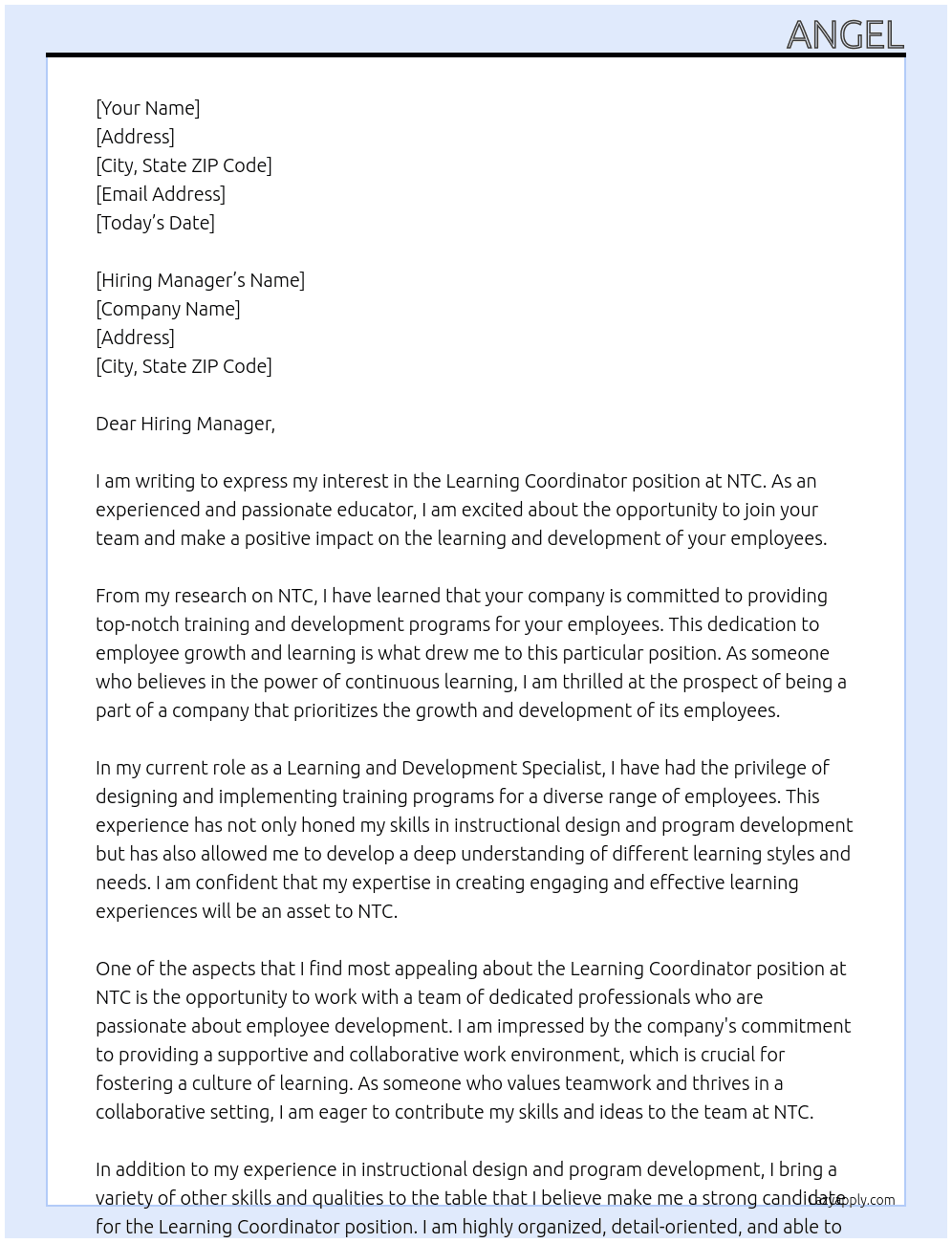 Learning Coordinator At NTC Cover Letter