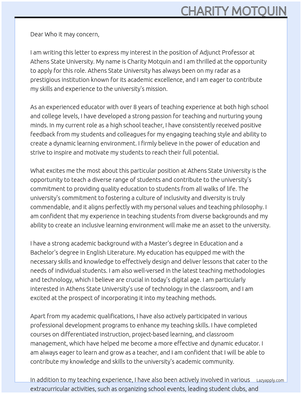 adjunct proffesor At Athens State University Cover Letter