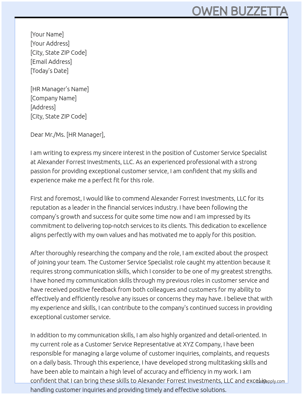 Customer Service Specialist At Alexander Forrest Investments, LLC Cover Letter