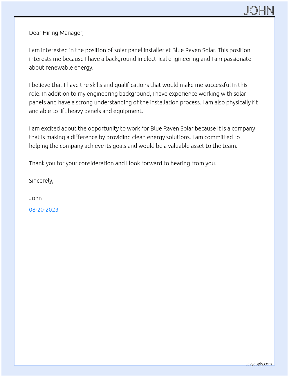 solar panel installer At Blue Raven Solar Cover Letter
