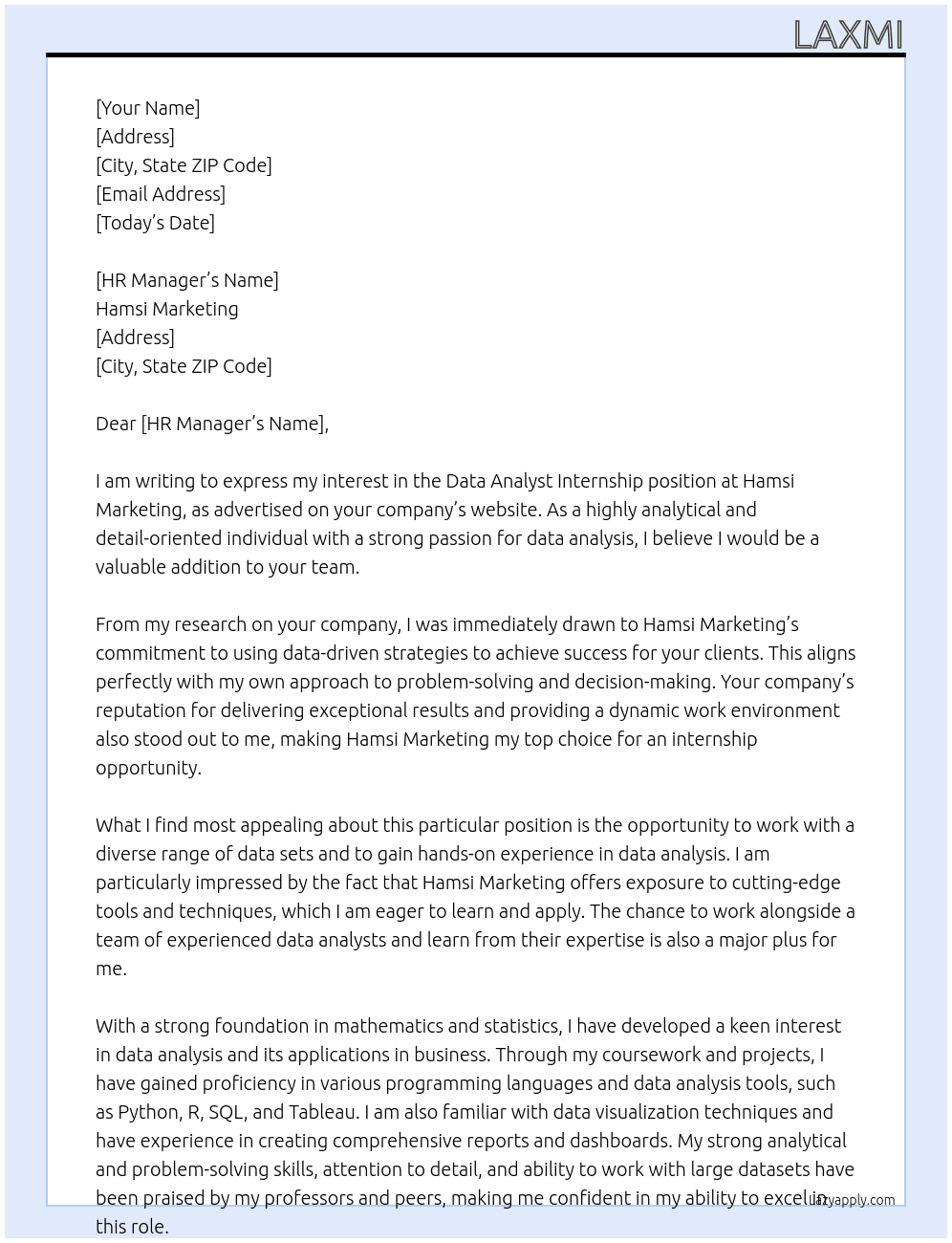 Data Analyst Internship At Hamsi Marketing Cover Letter