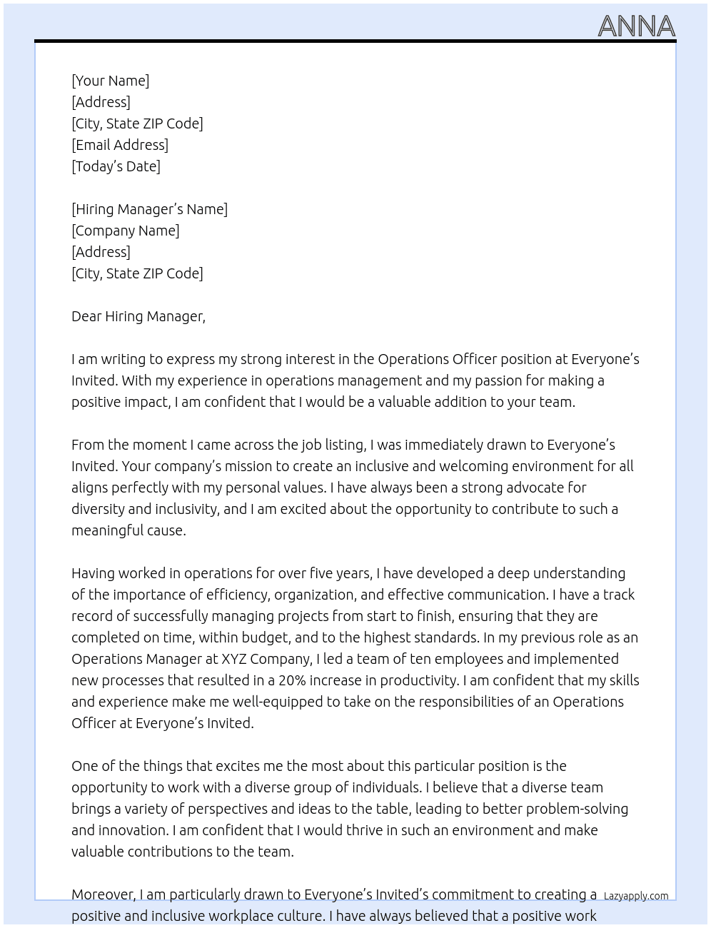 Operations officer At Everyone's Invited Cover Letter