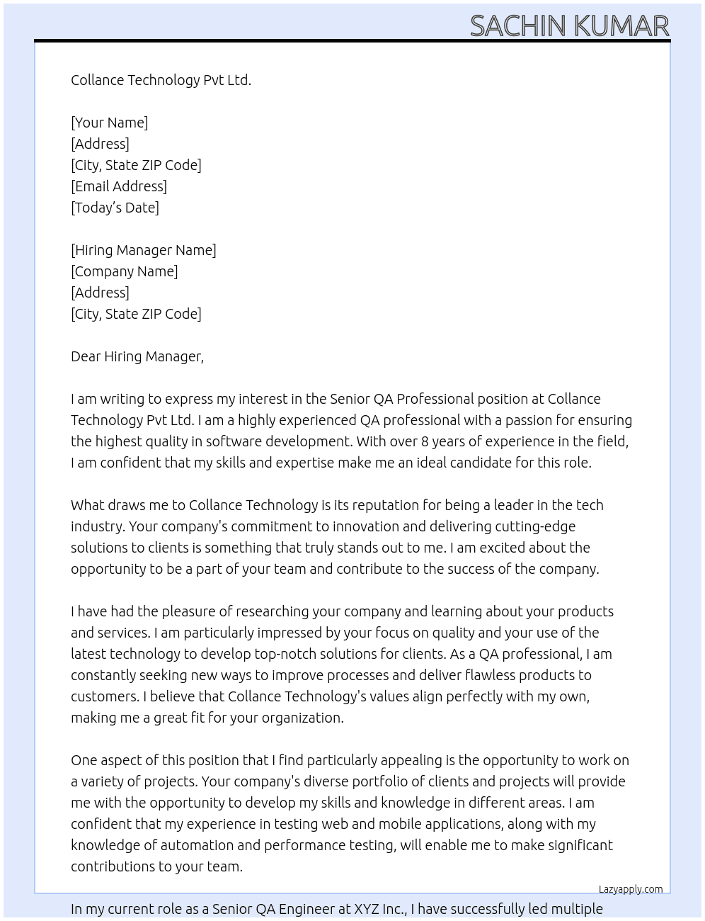 Senior QA Professional At Collance Technology Pvt Ltd. Cover Letter