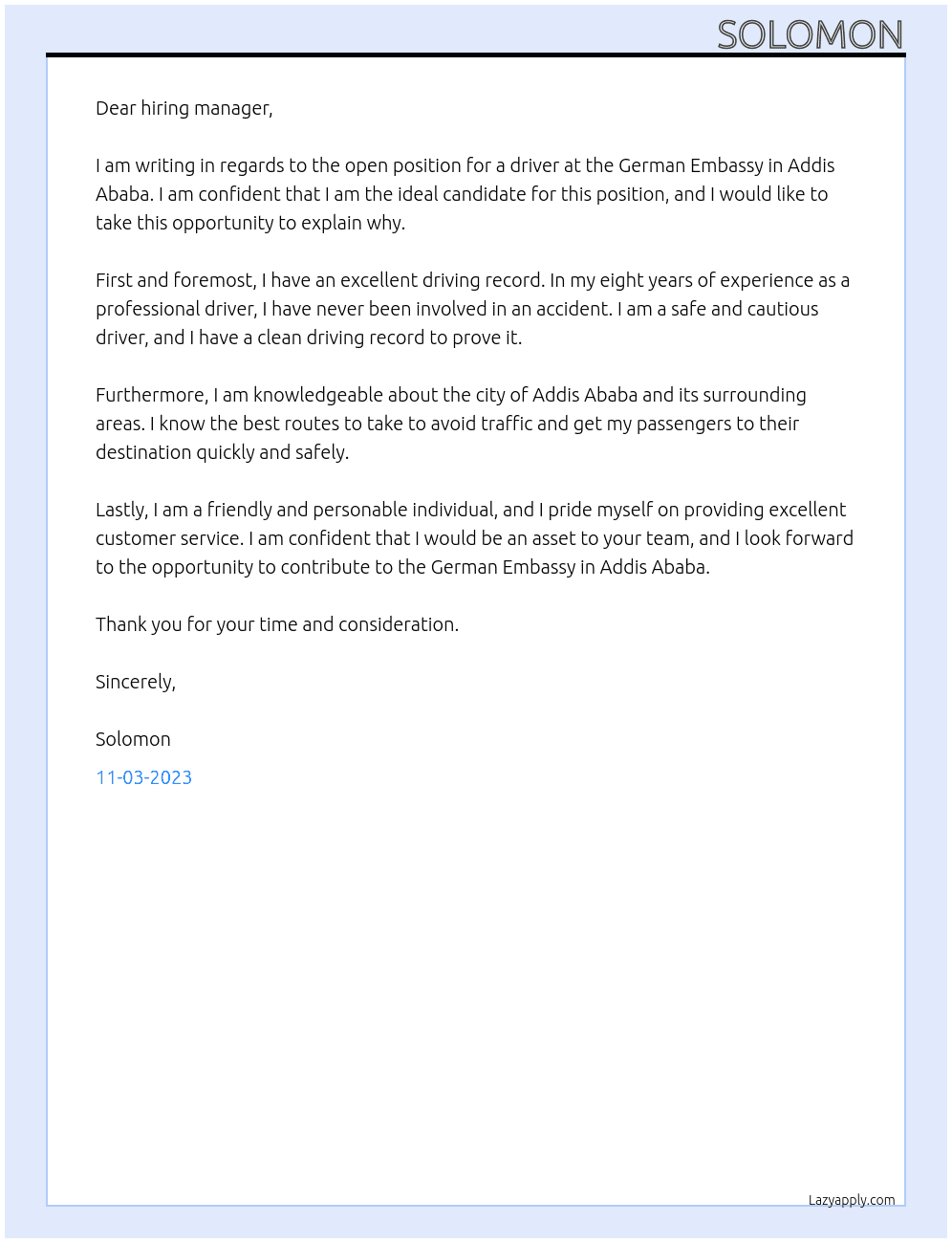 driver At germany embassy addis ababa Cover Letter