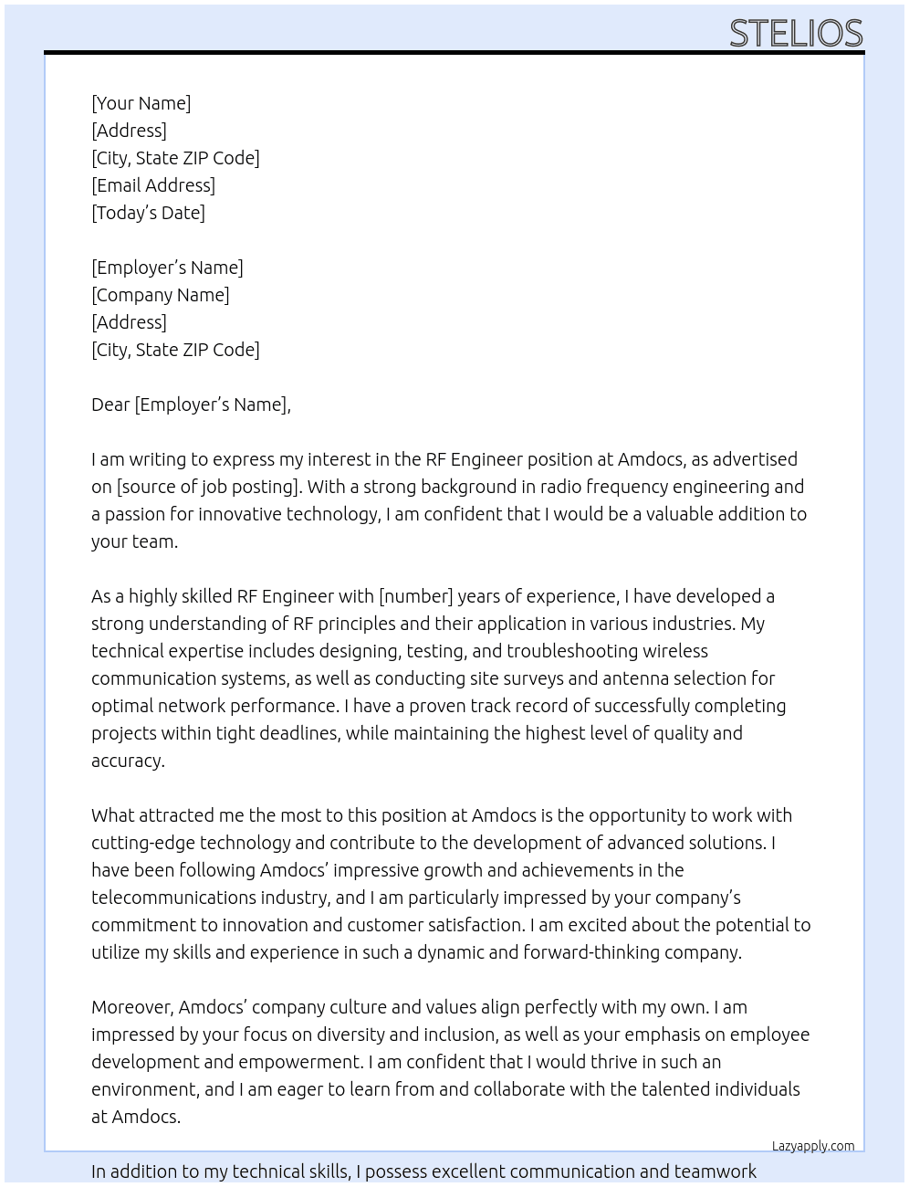 RF engineer At Amdocs Cover Letter