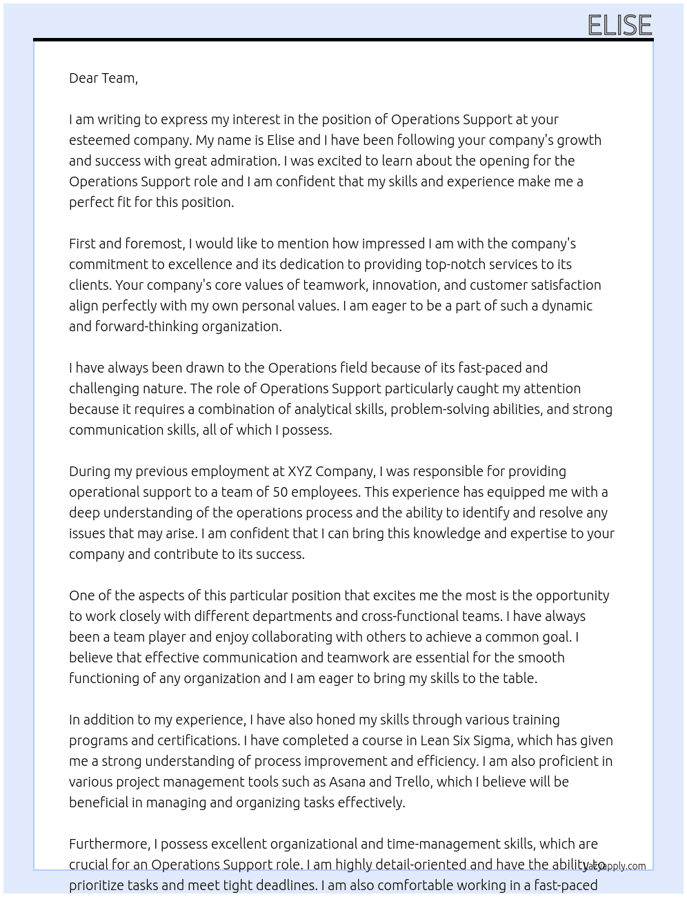 Operations support At Unsure Cover Letter