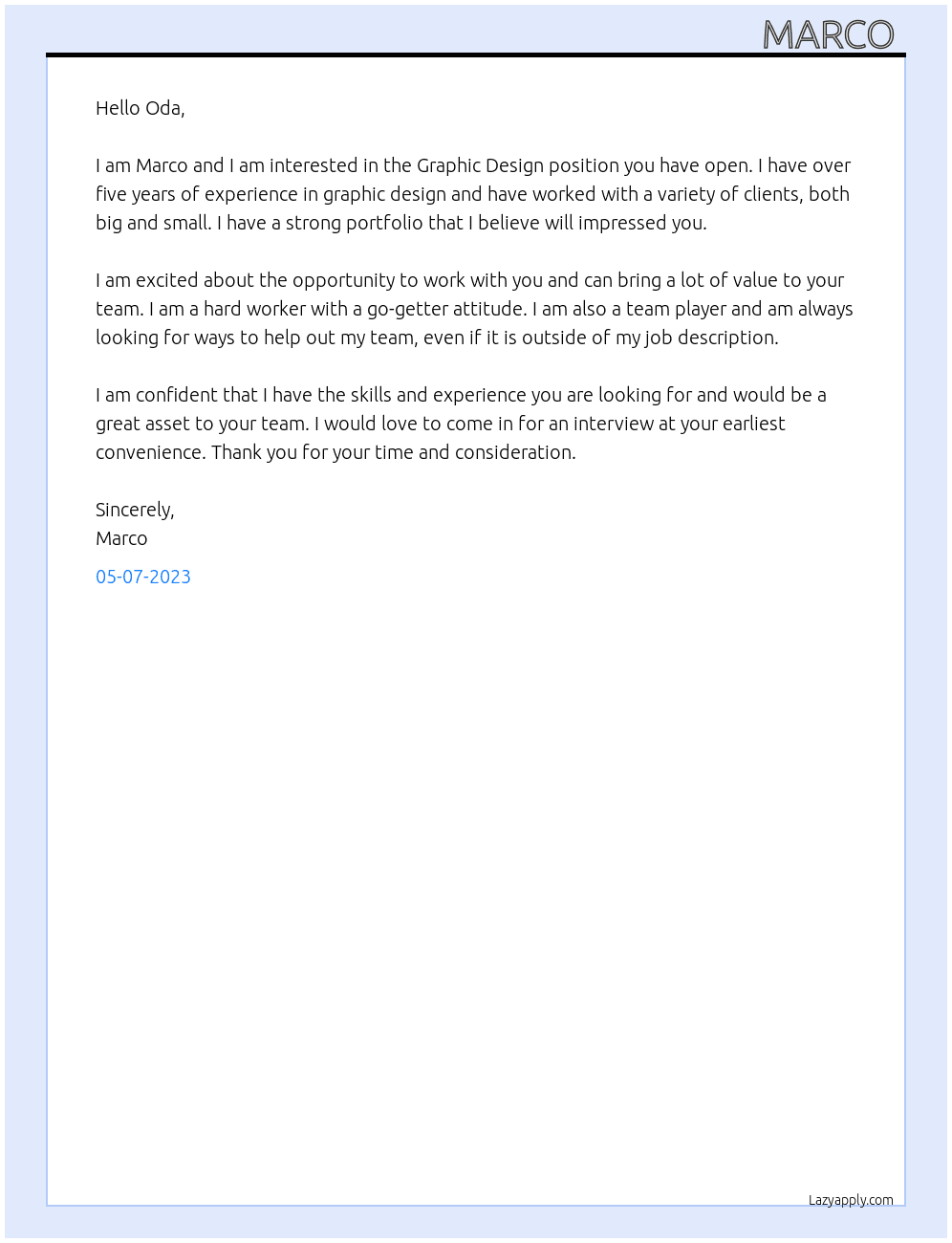 Graphic Design At Oda Cover Letter