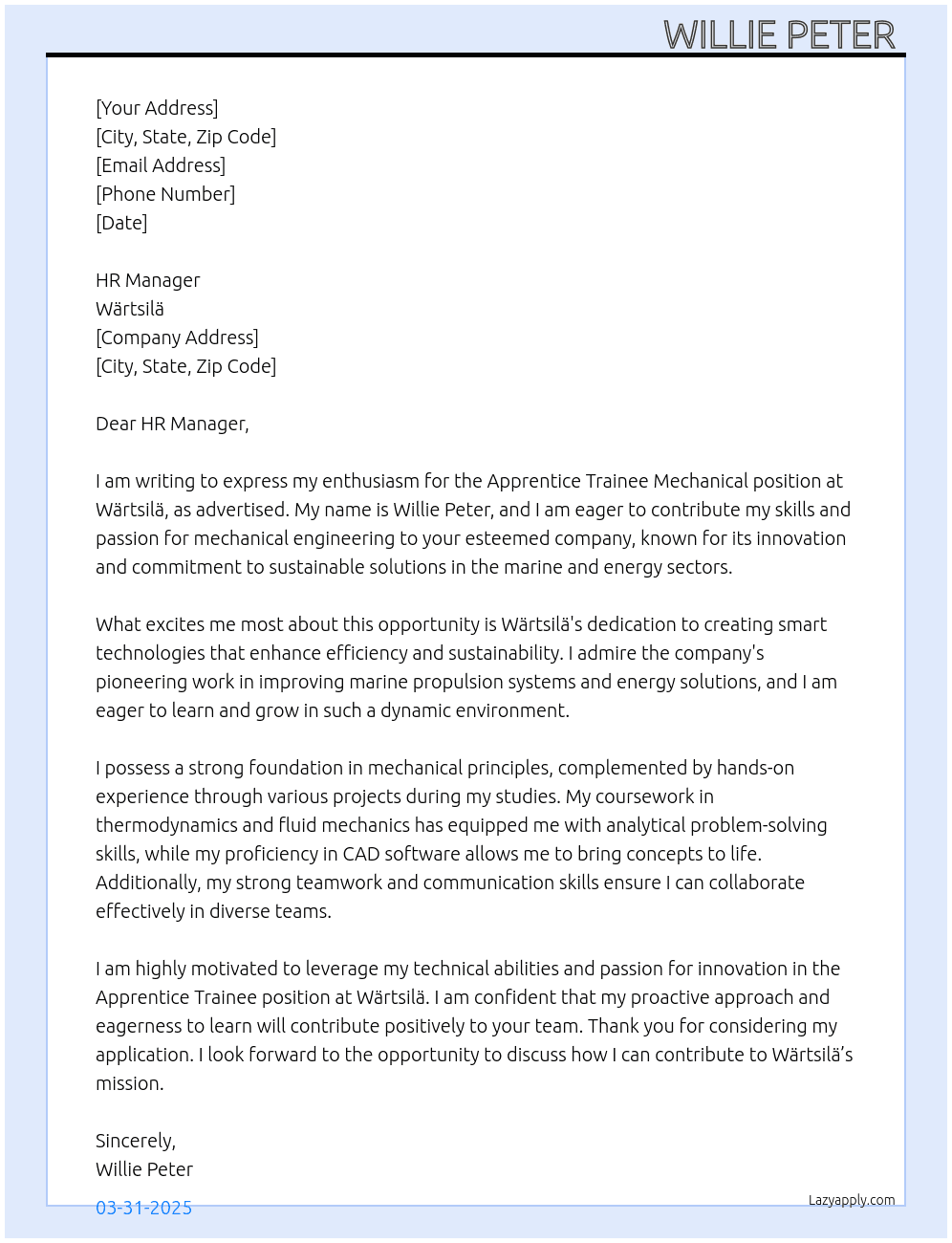 Apprentice Trainee Mechanical At Wartsila Cover Letter