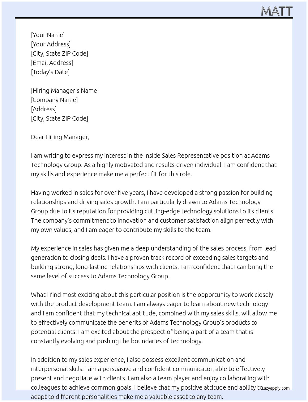 Inside Sales Representative At Adams Technology Group Cover Letter