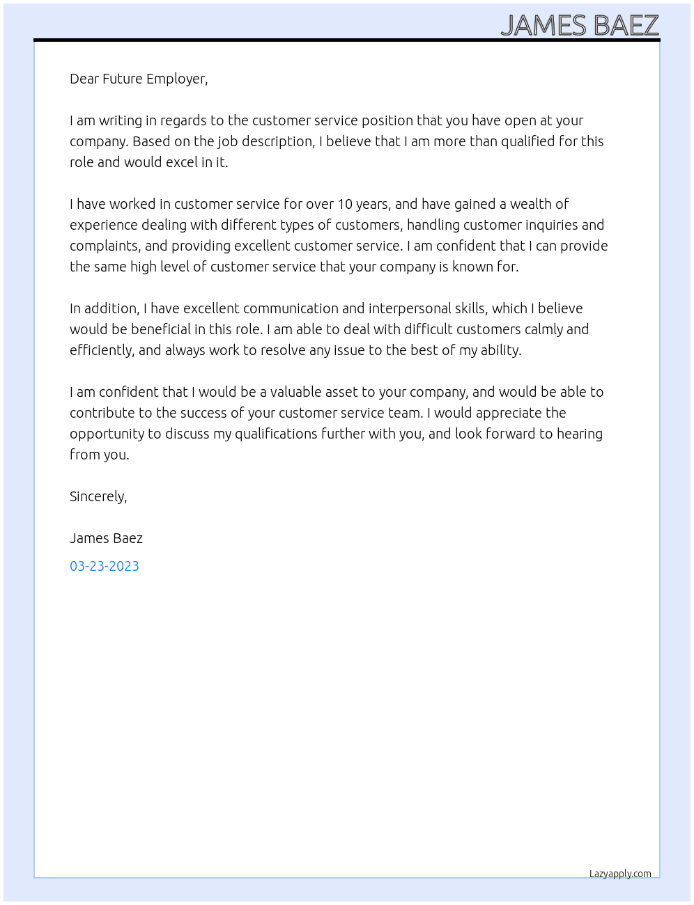 Customer Service At Future Employer Cover Letter