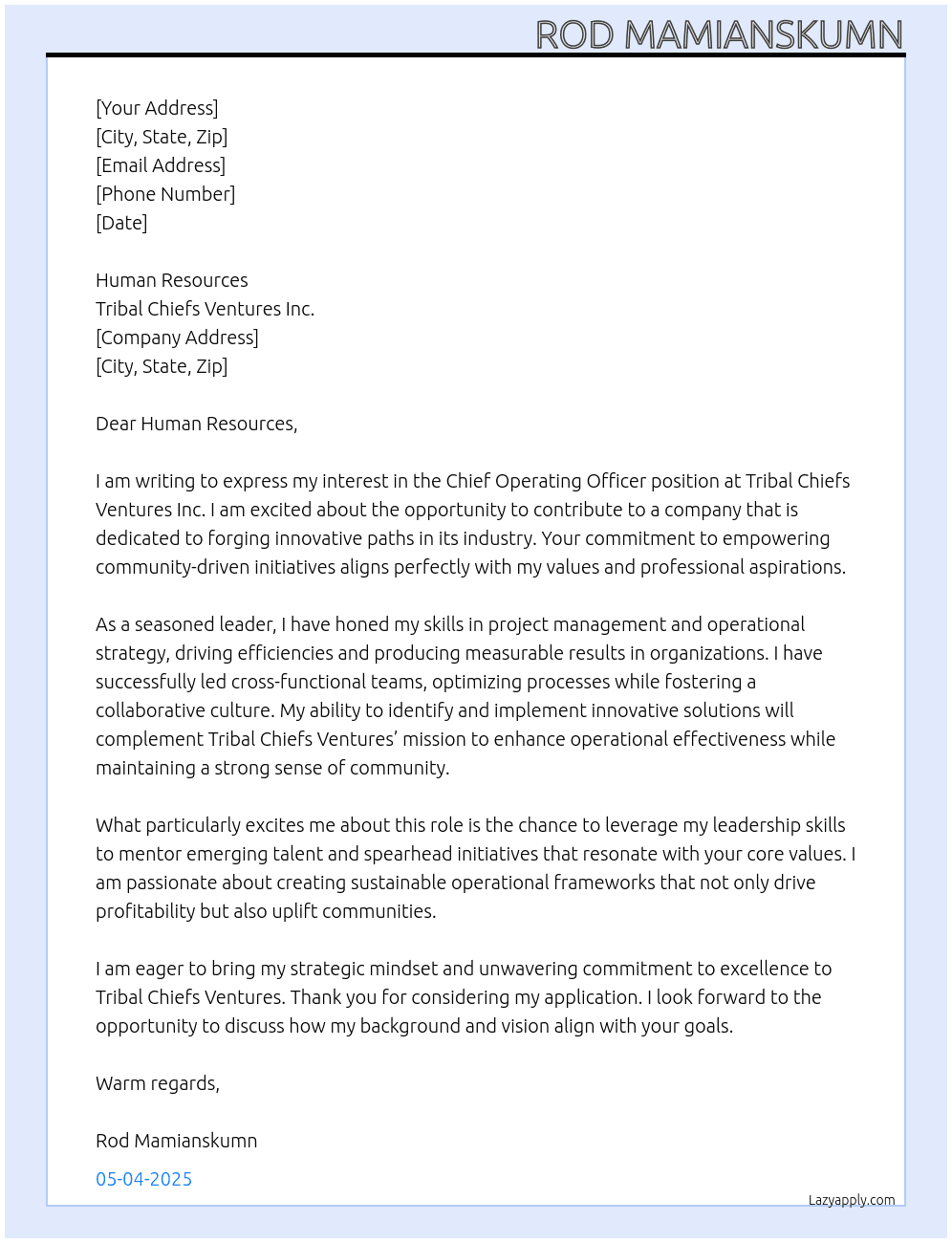Chief Operation Officer At Tribal Chiefs Ventures Inc. Cover Letter