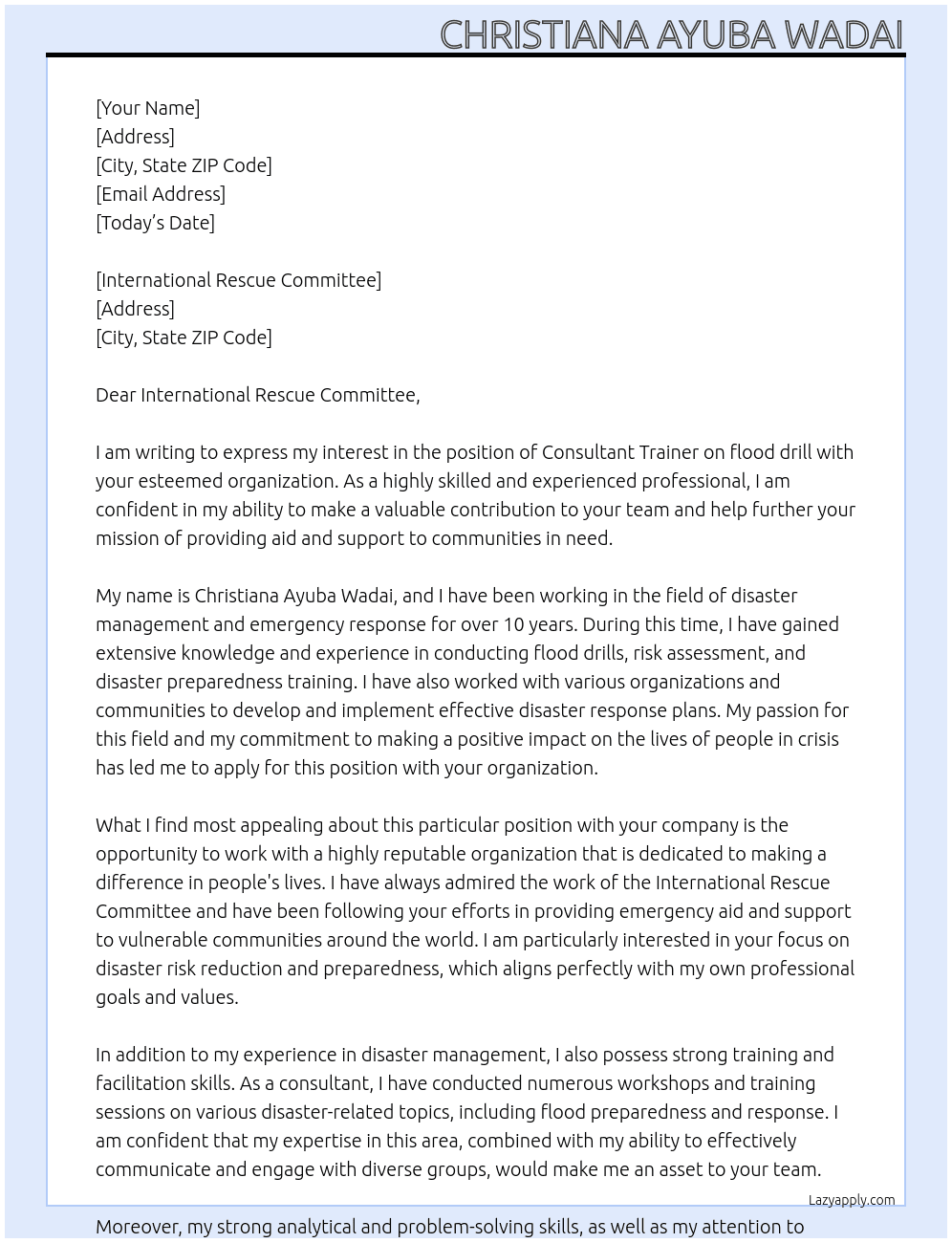 Consultant At Consultant  Trainer on flood drill Cover Letter