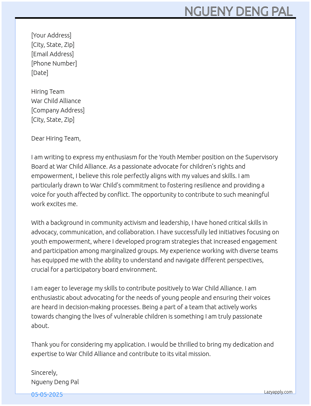 Youth Members for the Supervisory Board At War Child-Alliance Cover Letter