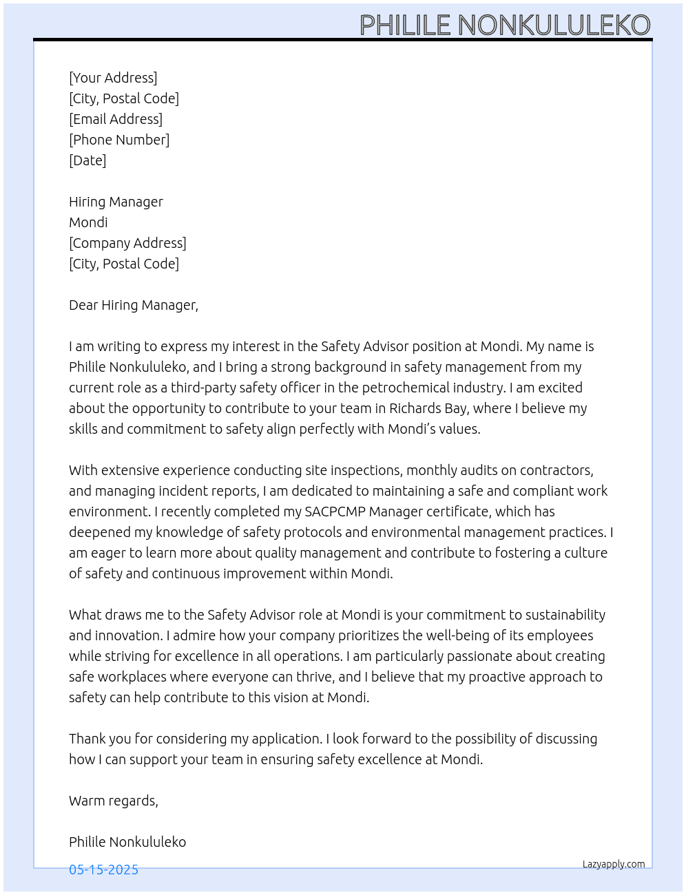 Safety Advisor At Mondi Cover Letter