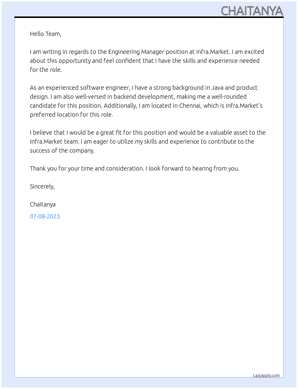 Engineering Manager At Infra.Market Cover Letter