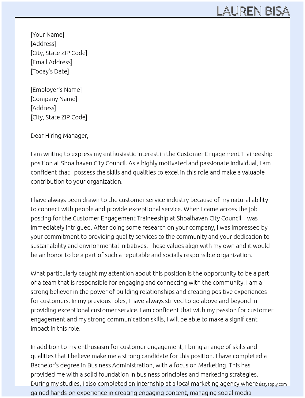 Customer Engagement Traineeship At Shoalhaven City Council  Cover Letter