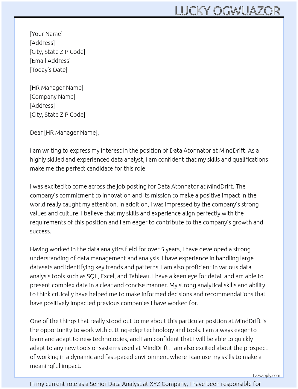 Data Atonnator  At MindDrift Cover Letter